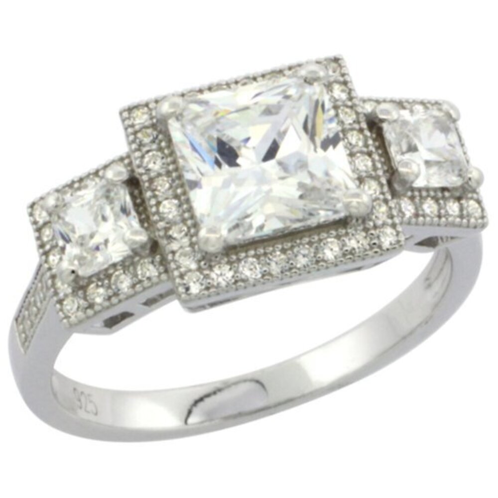 3-Stone Princess Cut Micro Pave CZ Engagement Ring